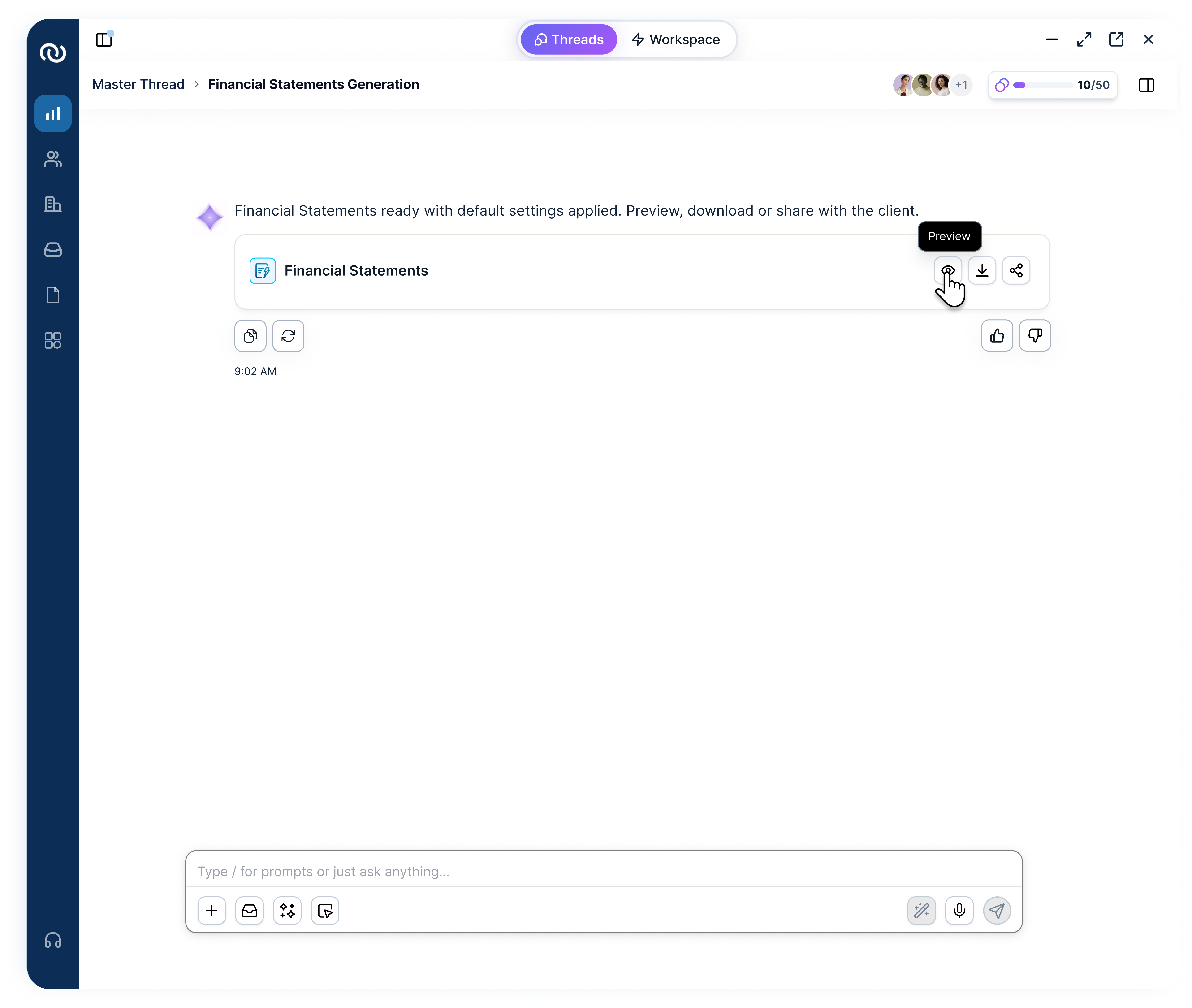 Preview tooltip displayed after the financial statements Preview control is selected