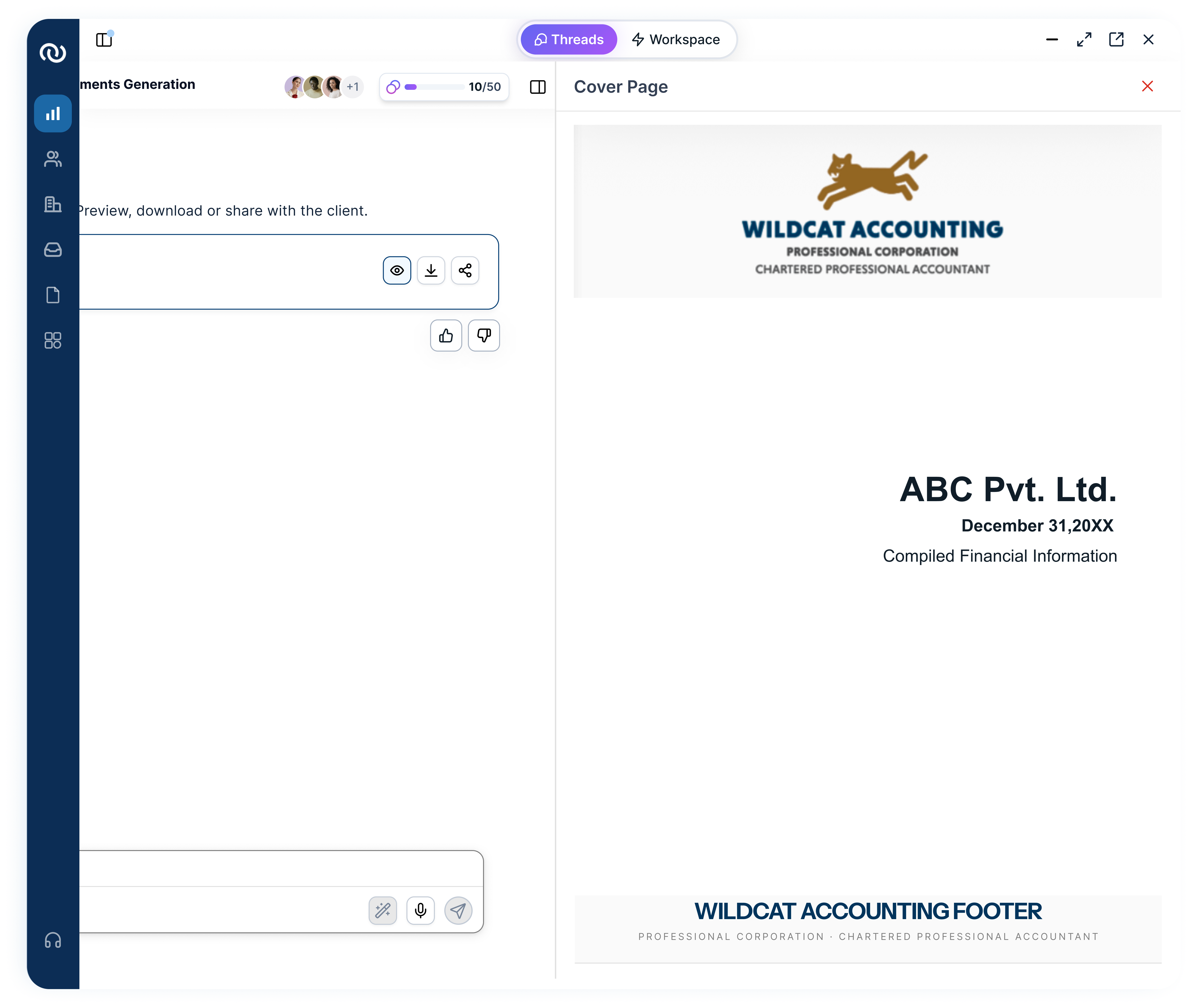 Financial statement Cover Page preview opened in the right sidebar