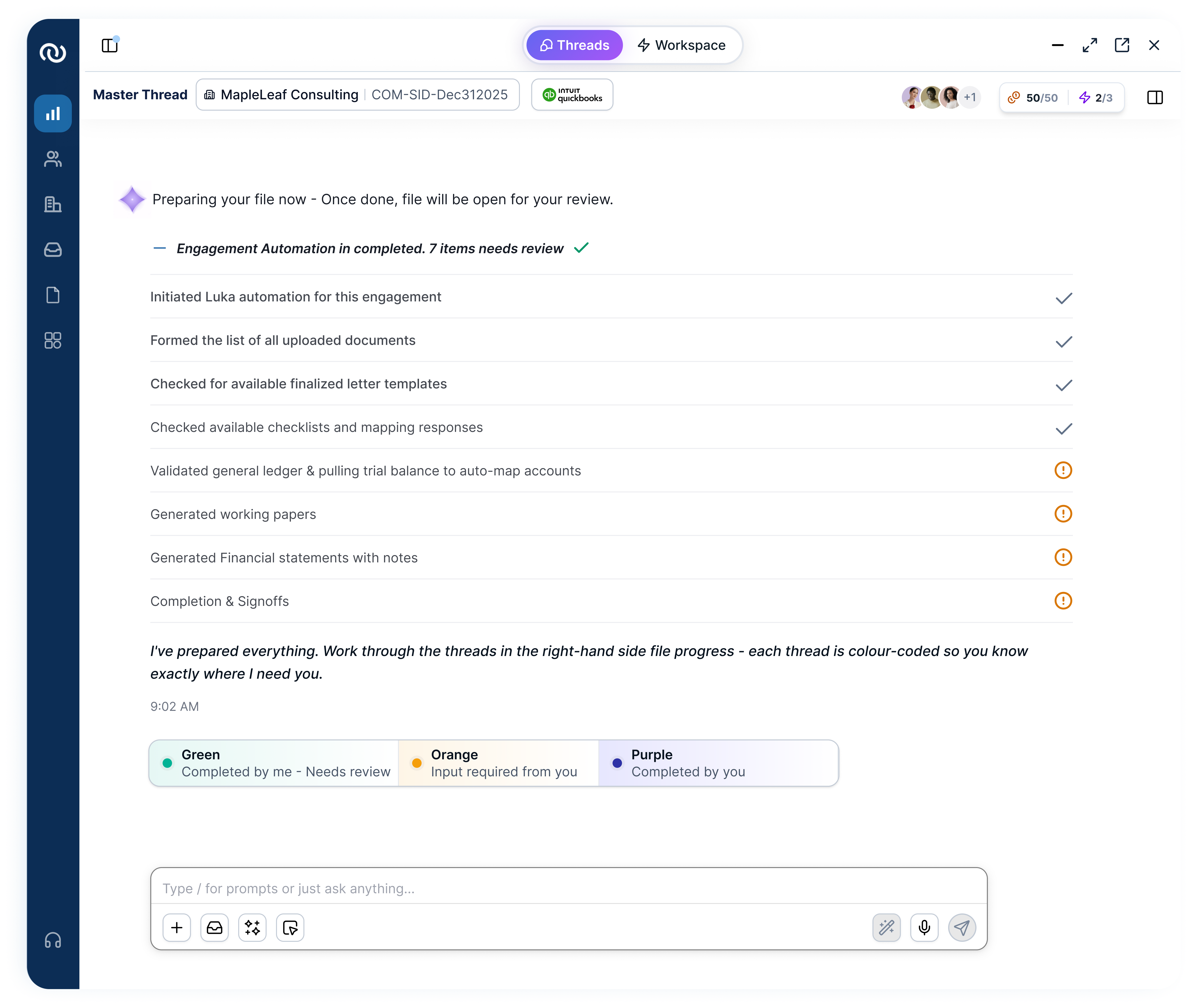 Completed engagement automation summary with review items and color-coded status legend
