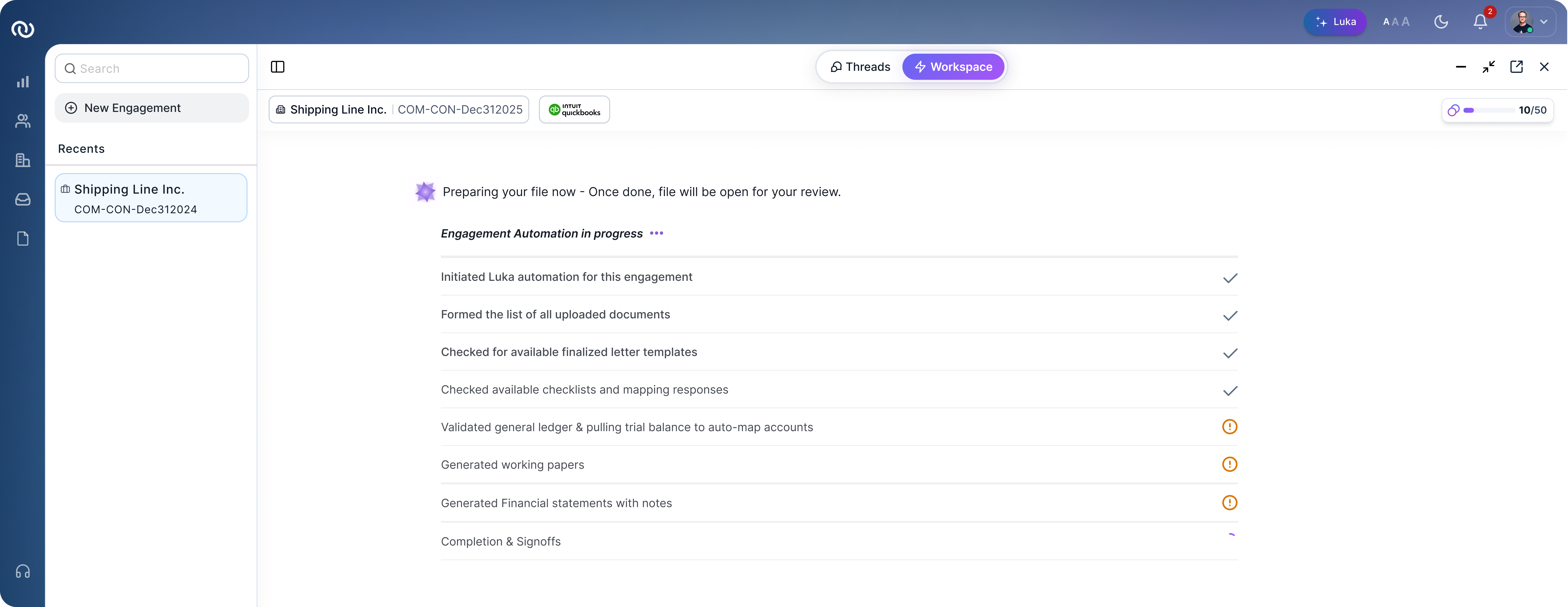 Auto-generate: Luka prepares working papers and financial statements