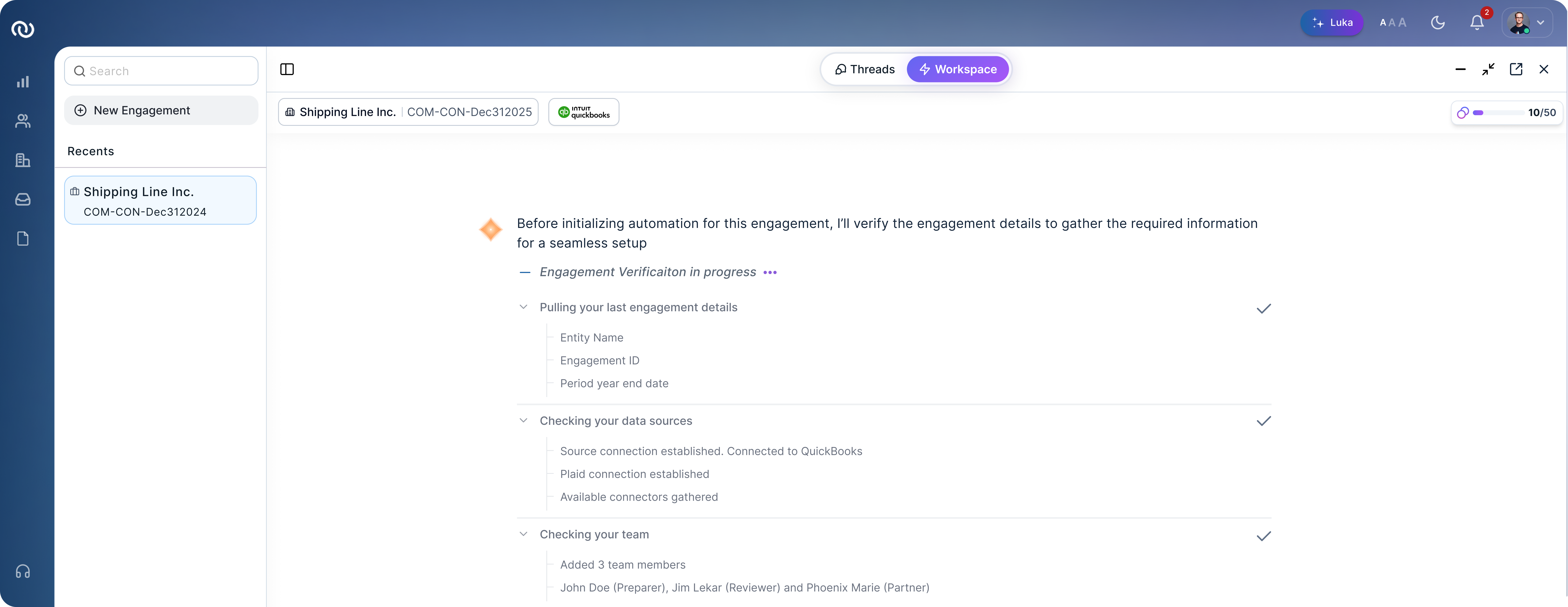 Expanded validation details for engagement information, data sources, and team