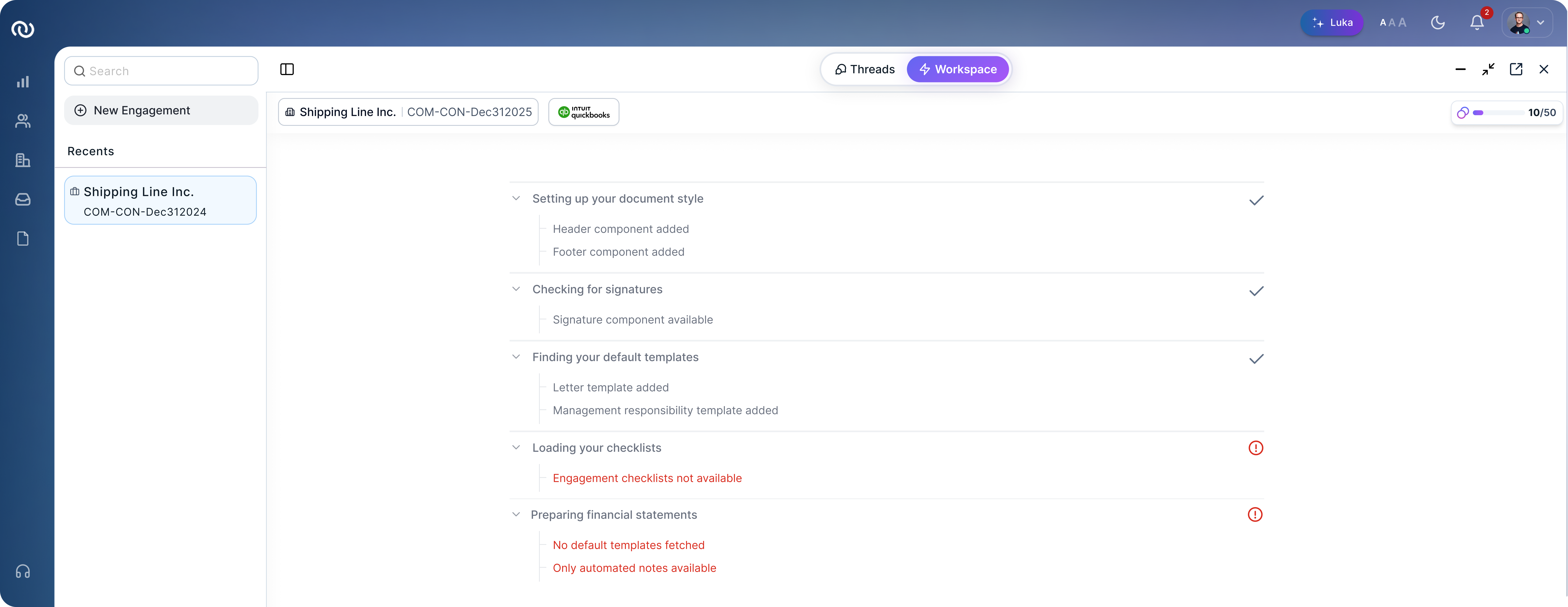 Validation results for document style, signatures, templates, checklists, and financial statements